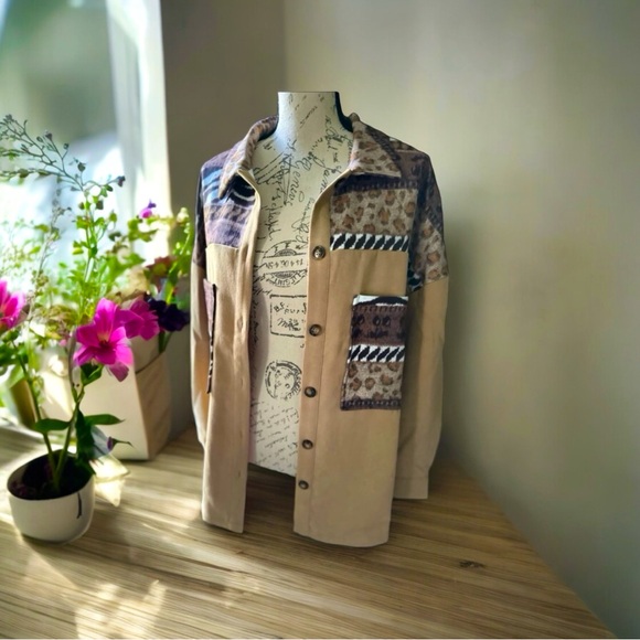 Boho Blouse Oversized Button Down Neutral Animal Print Shacket Jacket - Picture 3 of 5